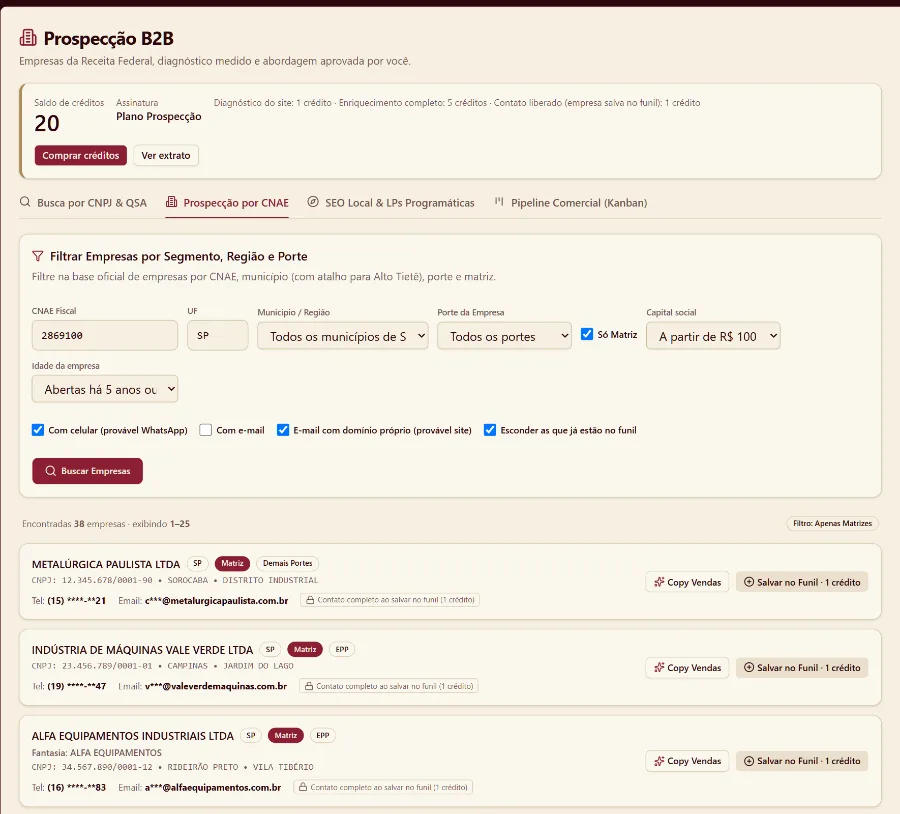 Prospecção B2B do ChatHook: filtros por CNAE, capital, idade e contato, e a lista de empresas com contato mascarado