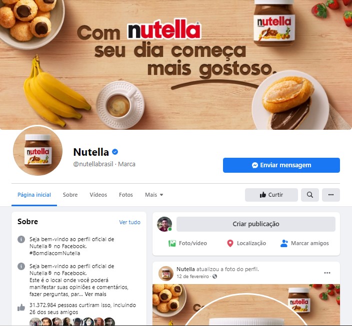 páginas do Facebook Nutella 2021